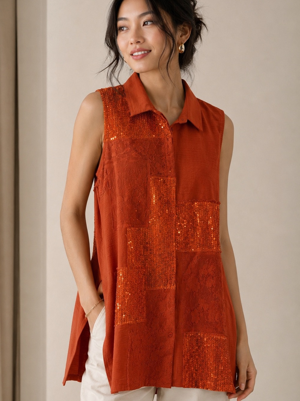 Burnt Orange Sequin Patchwork Tunic
